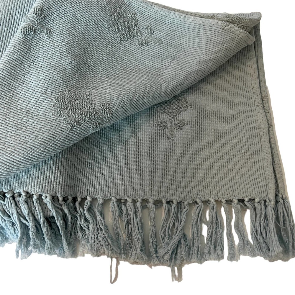 Anthropologie LARGE Cotton Cozy Textured Throw Blanket 46x60 Blue Tassle Fringe